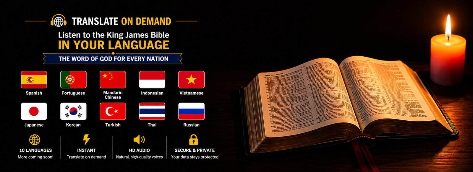Open Bible with candle for King James Audio Bible reading.