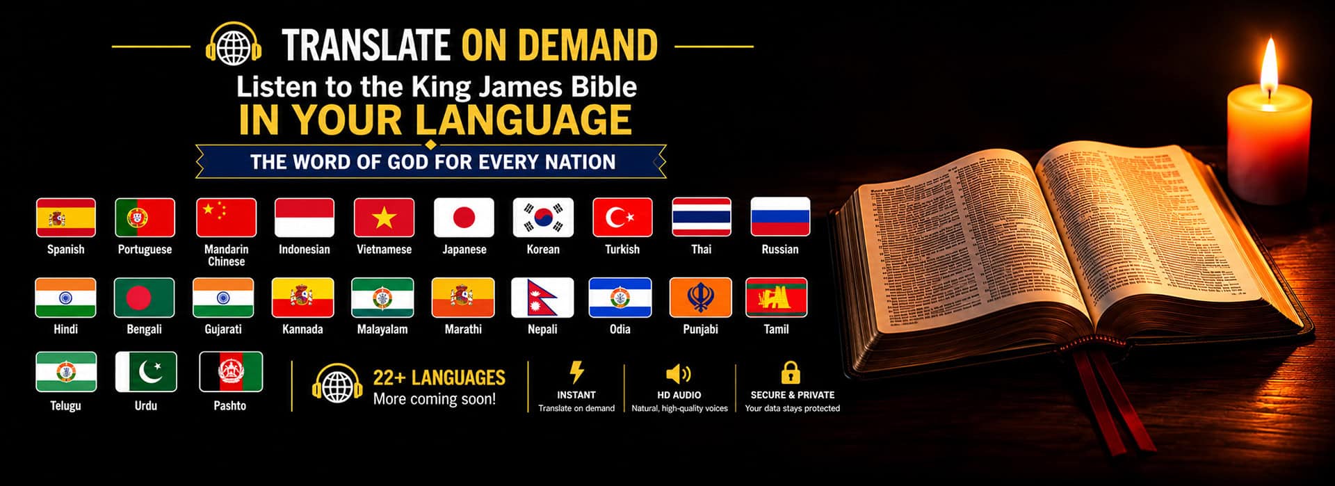 Open Bible with candlelight, representing King James Audio Reading in multiple languages.